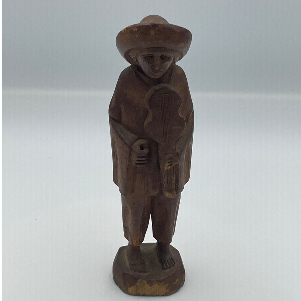 Vintage Hand Carved Wood Musician Figurine Sombrero Folk Art Sculpture 6 Inch